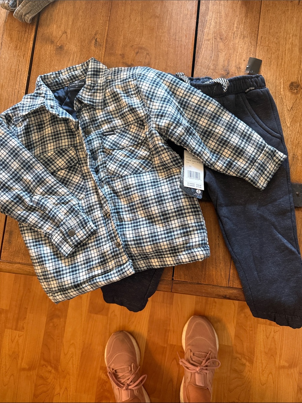 Volcom Blue and White Plaid Flannel Jacket with Navy Joggers